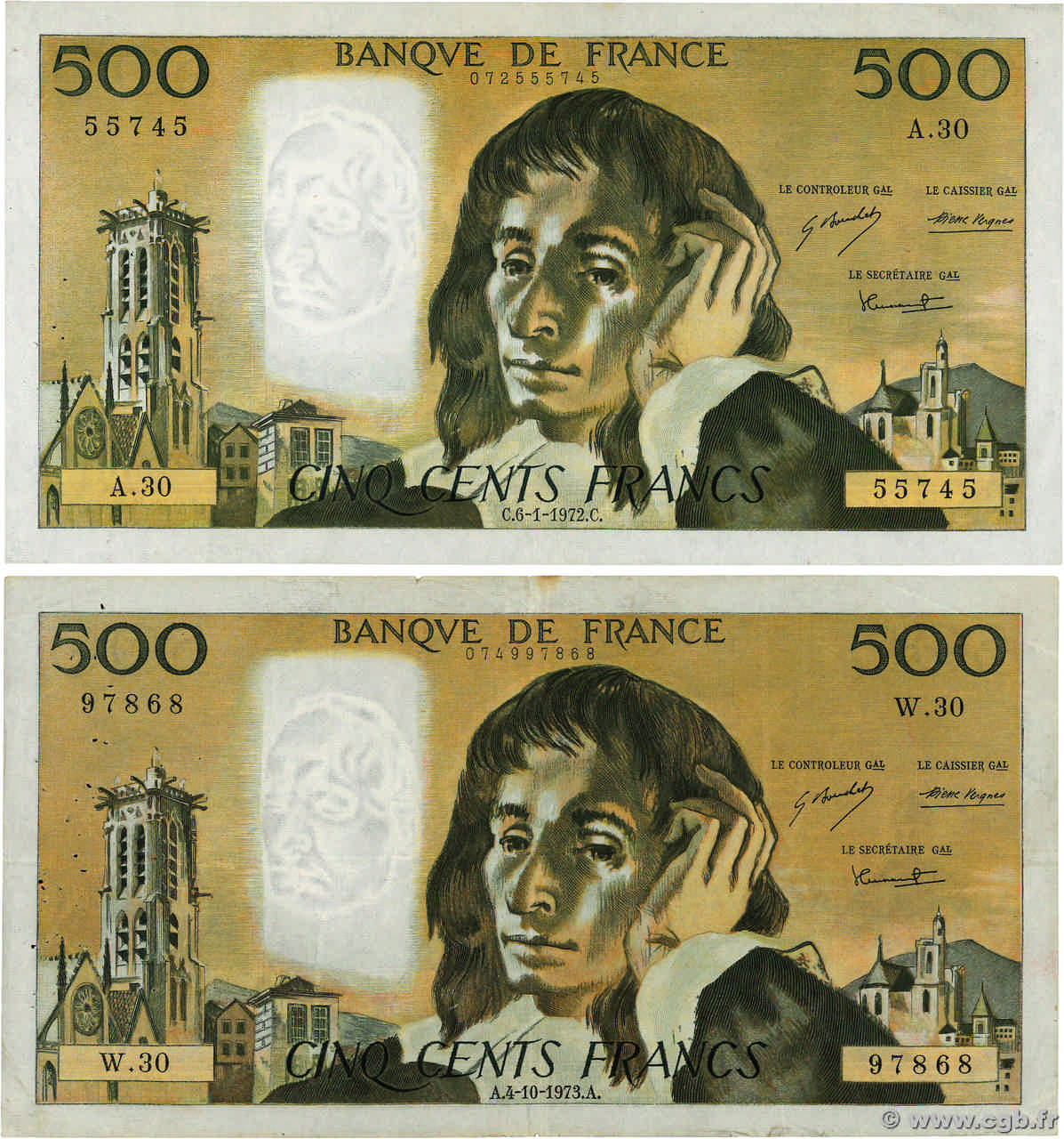 500 Francs PASCAL Lot FRANCE  1972 F.71.08/09 F - VF