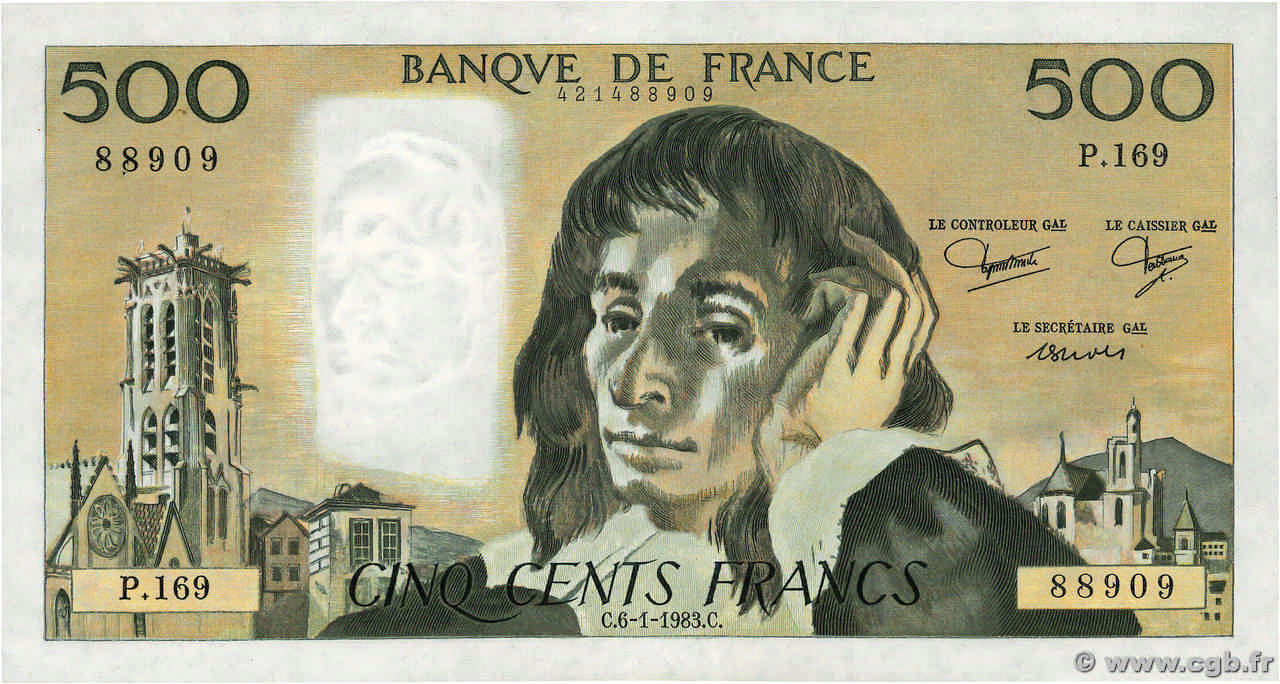500 Francs PASCAL FRANCE  1983 F.71.28 XF