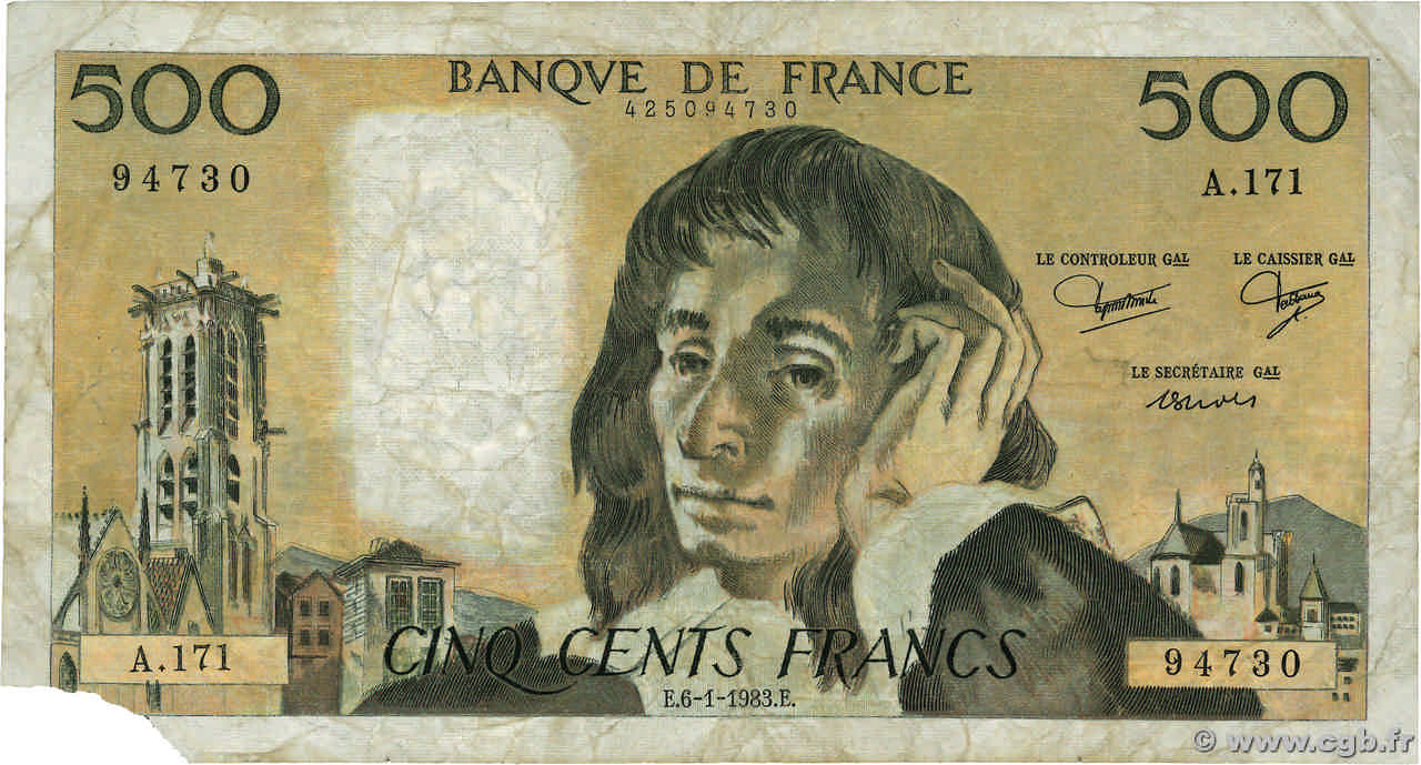 500 Francs PASCAL FRANCE  1983 F.71.28 VG