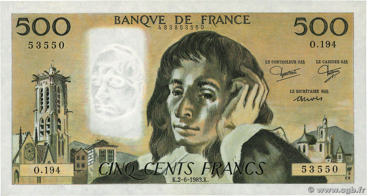 500 Francs PASCAL FRANCIA  1983 F.71.29 AU+