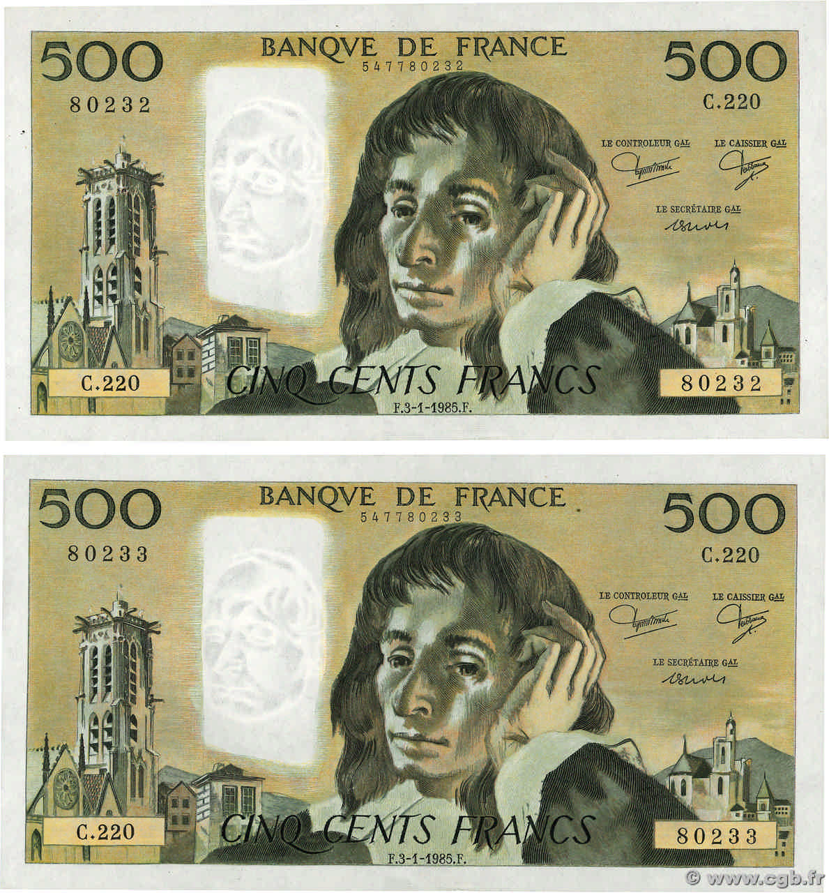 500 Francs PASCAL Consécutifs FRANCE  1985 F.71.32 AU