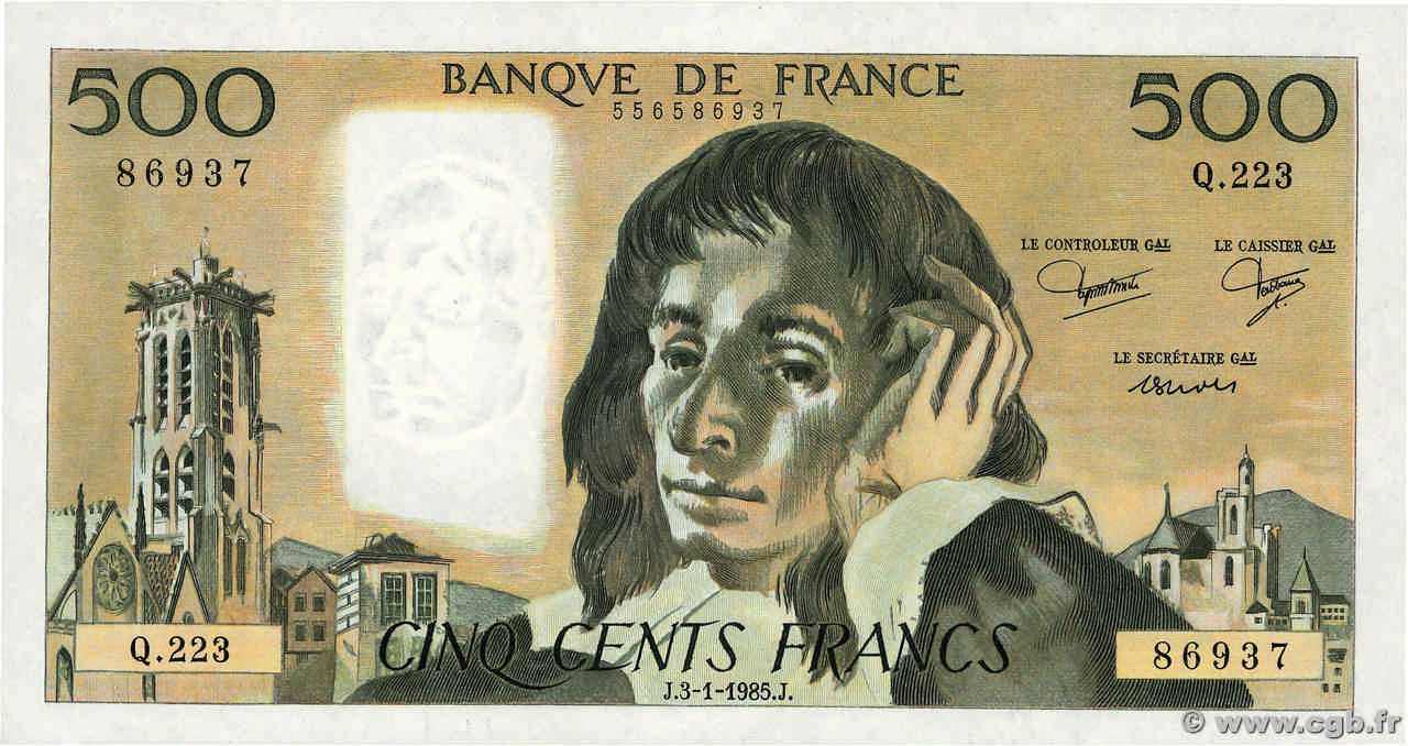500 Francs PASCAL FRANKREICH  1985 F.71.32 fST