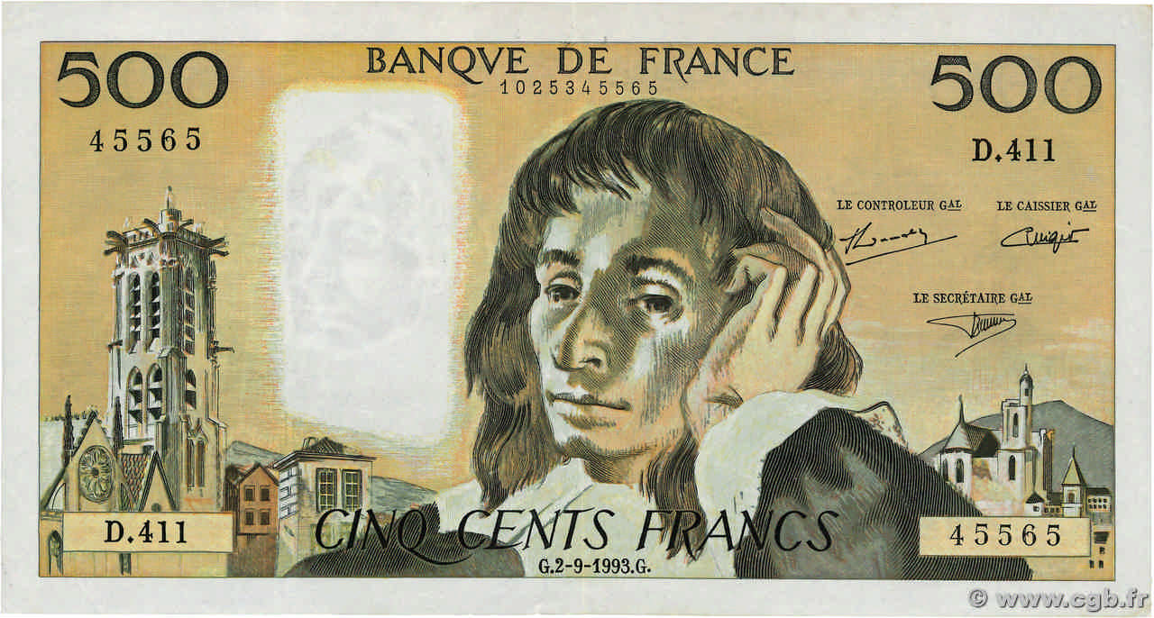 500 Francs PASCAL FRANCE  1993 F.71.52 VF+