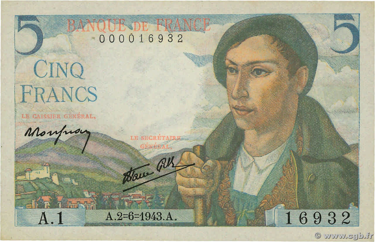 5 Francs BERGER Petit numéro FRANCE  1943 F.05.01A1 SPL