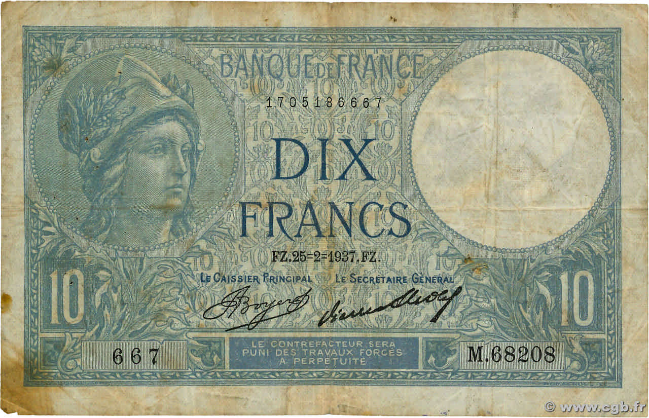 10 Francs MINERVE Grand numéro FRANCE  1937 F.06.18 VG