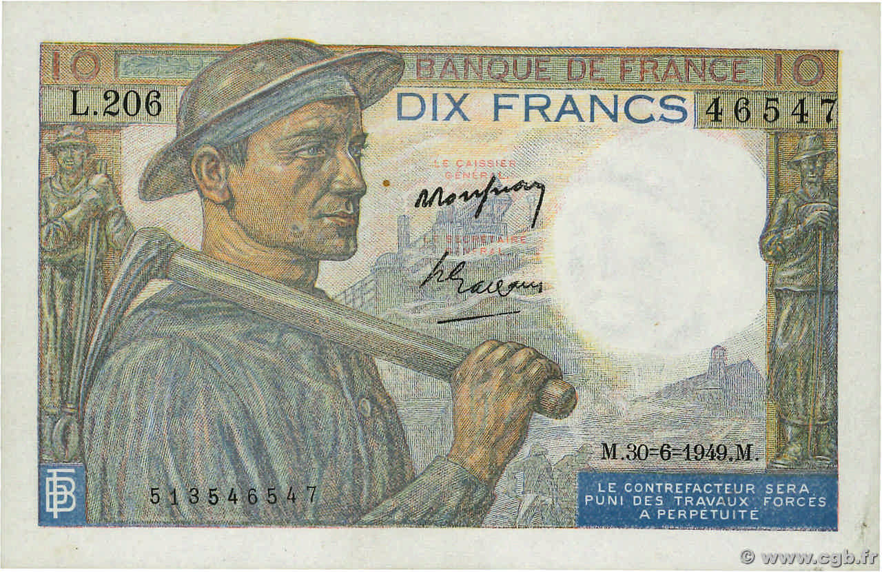 10 Francs MINEUR Grand numéro FRANCE  1949 F.08.22a XF