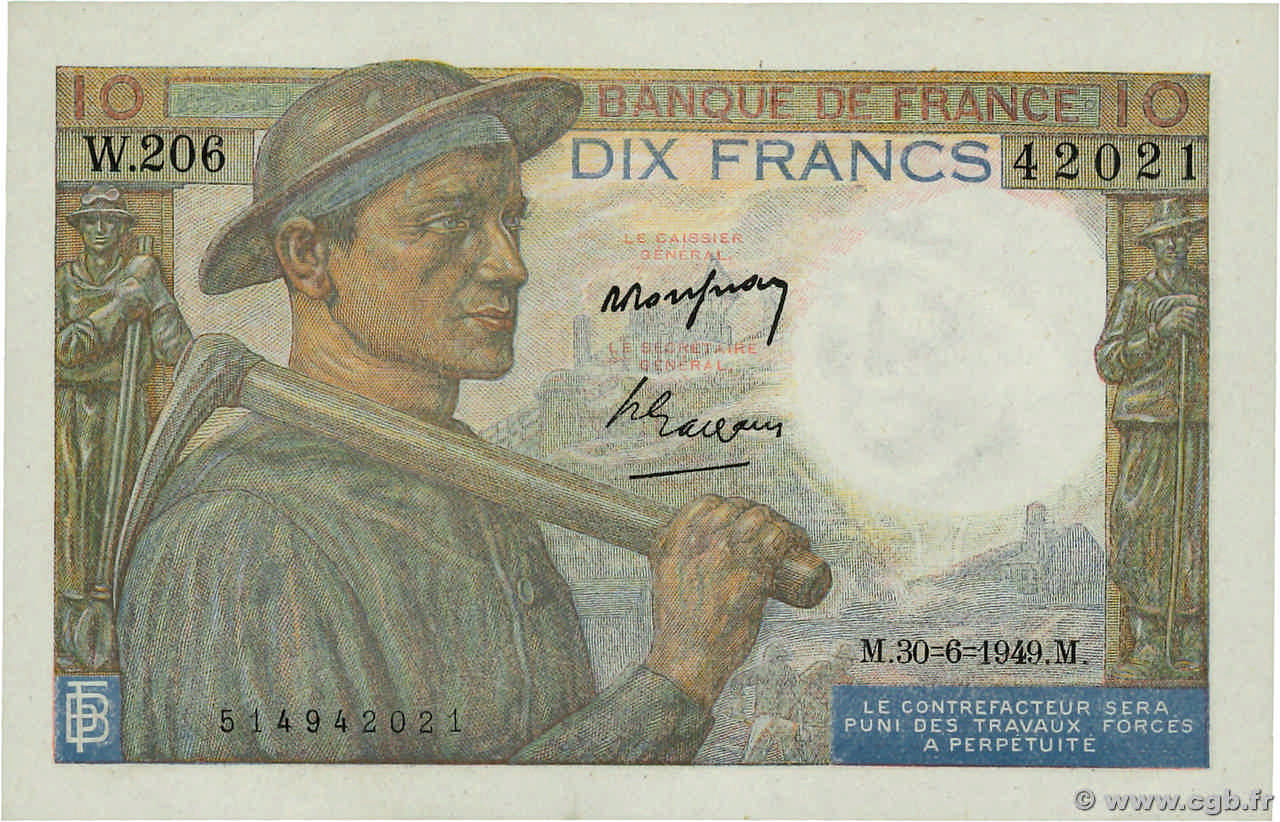 10 Francs MINEUR Grand numéro FRANCE  1949 F.08.22a SPL
