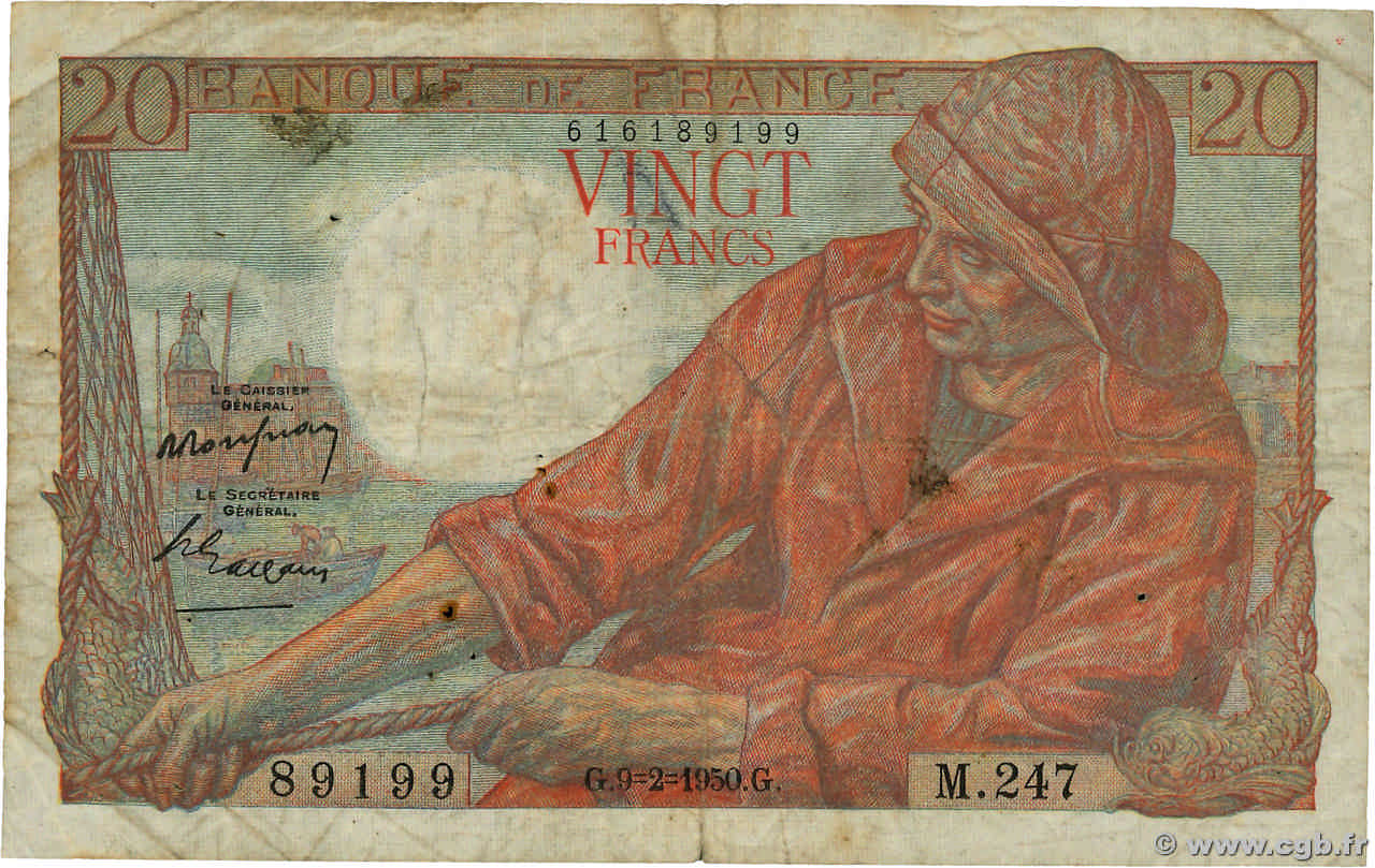20 Francs PÊCHEUR Grand numéro FRANCE  1950 F.13.17a B+