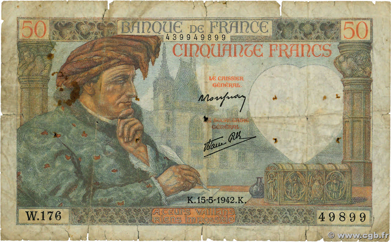 50 Francs JACQUES CŒUR Grand numéro FRANCE  1942 F.19.20 AB