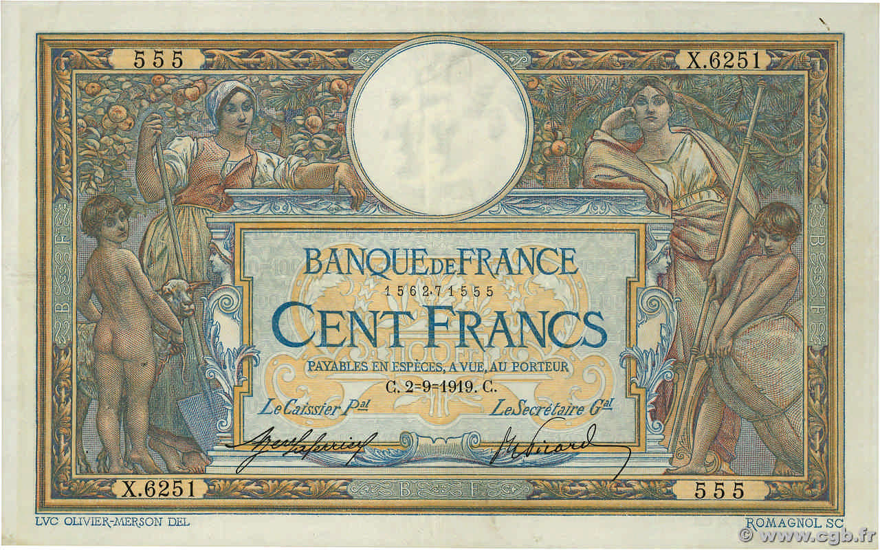 100 Francs LUC OLIVIER MERSON sans LOM Numéro spécial FRANCIA  1919 F.23.11 MBC