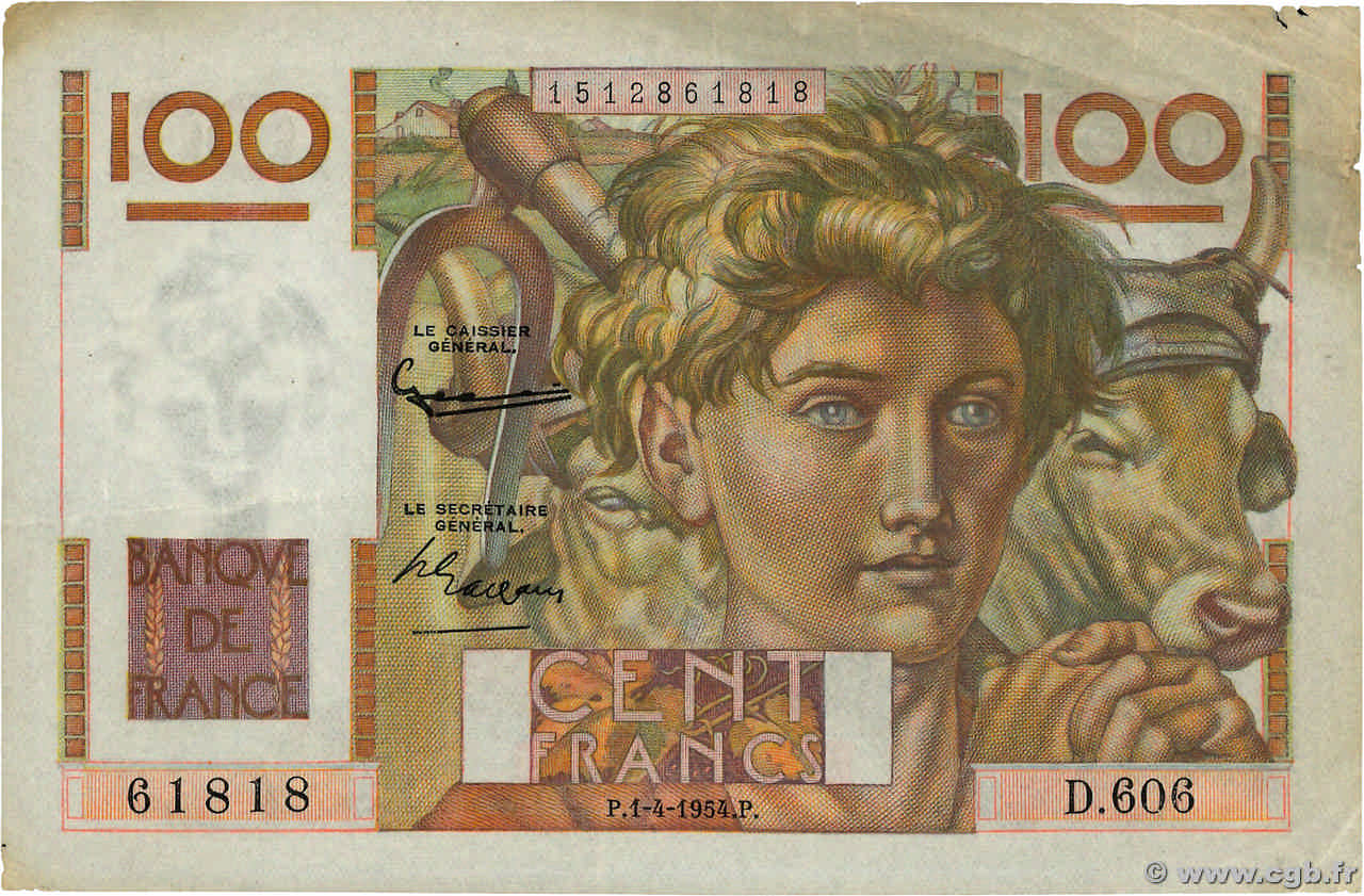 100 Francs JEUNE PAYSAN Grand numéro FRANKREICH  1954 F.28.43a fVZ