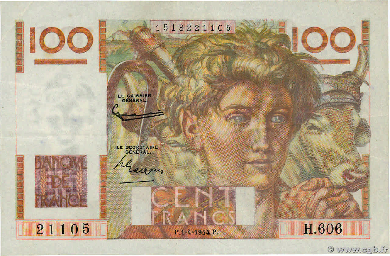 100 Francs JEUNE PAYSAN Grand numéro FRANCIA  1954 F.28.43a MBC+