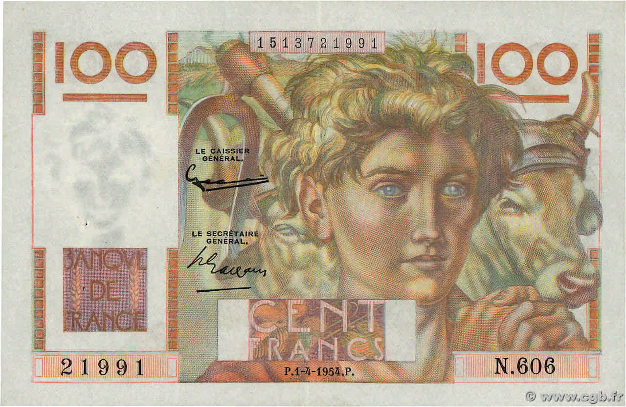 100 Francs JEUNE PAYSAN Grand numéro FRANCE  1954 F.28.43a XF+