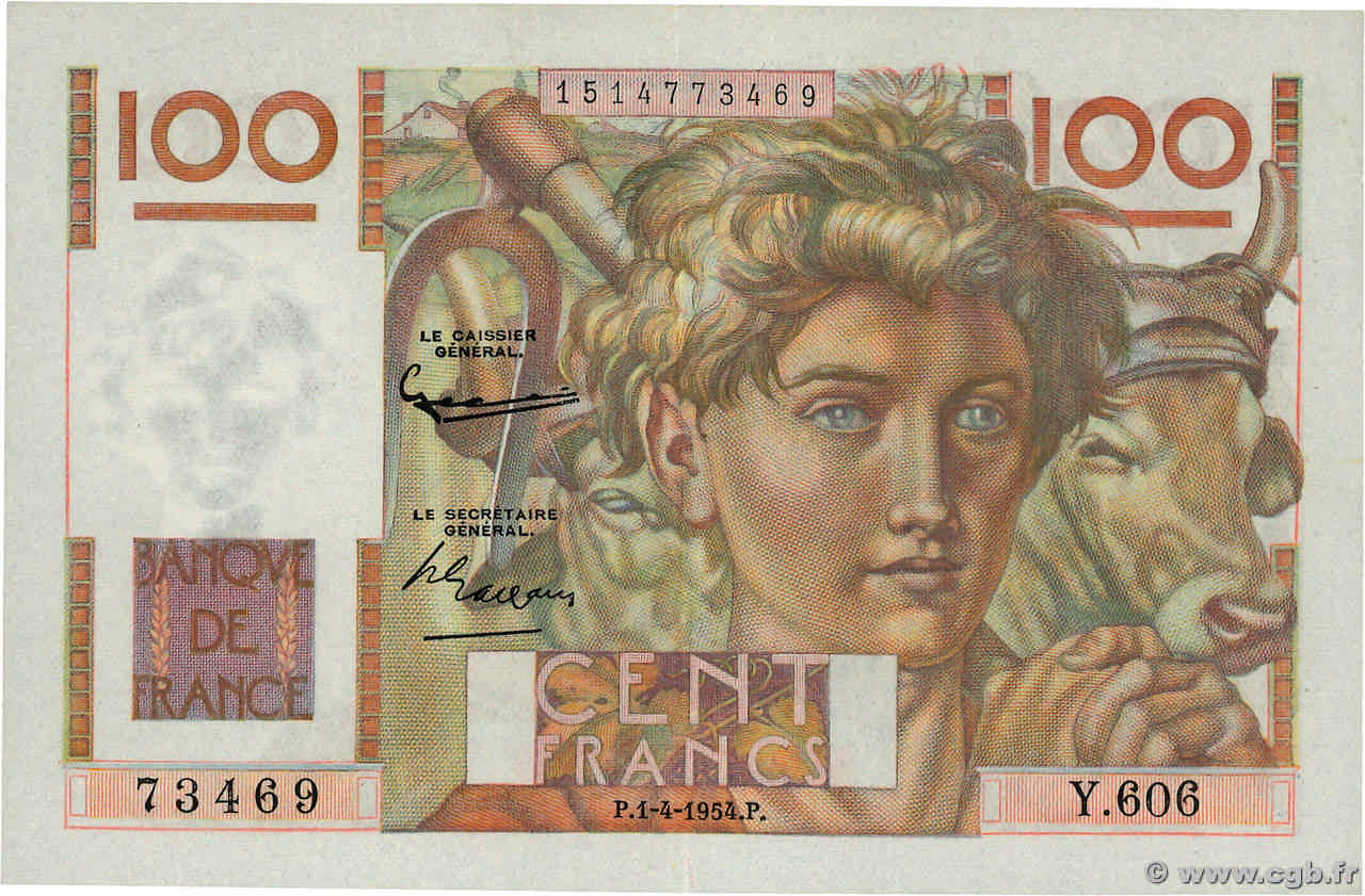 100 Francs JEUNE PAYSAN Grand numéro FRANCE  1954 F.28.43a AU-