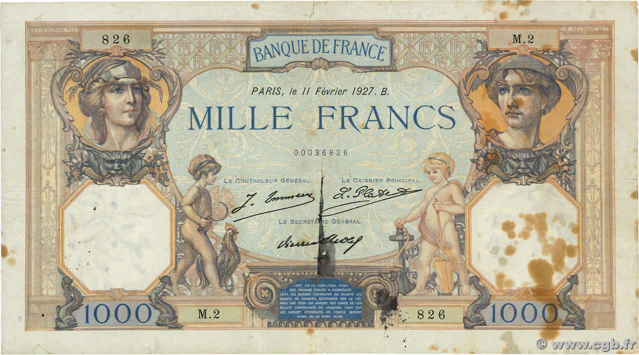 1000 Francs CÉRÈS ET MERCURE Petit numéro FRANCIA  1927 F.37.01 RC+