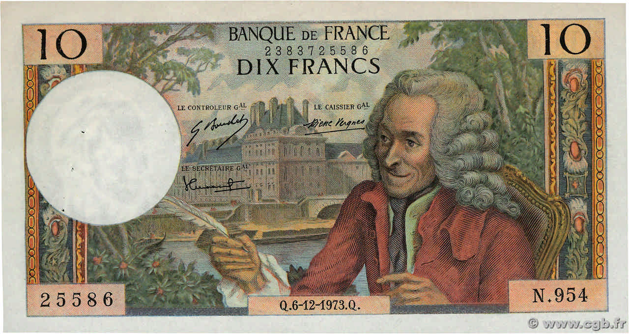 10 Francs VOLTAIRE Grand numéro FRANCE  1973 F.62.65 SUP+