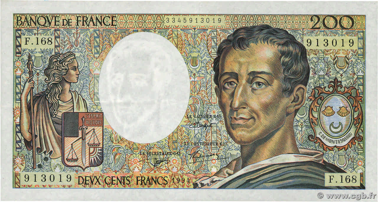 200 Francs MONTESQUIEU Modifié Grand numéro FRANCE  1994 F.70/2.02 TTB+