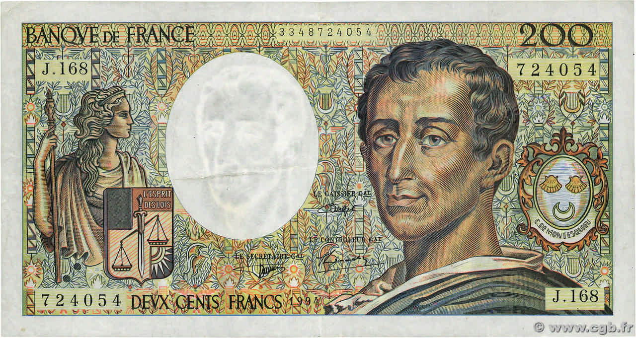 200 Francs MONTESQUIEU Modifié Grand numéro FRANKREICH  1994 F.70/2.02 SS