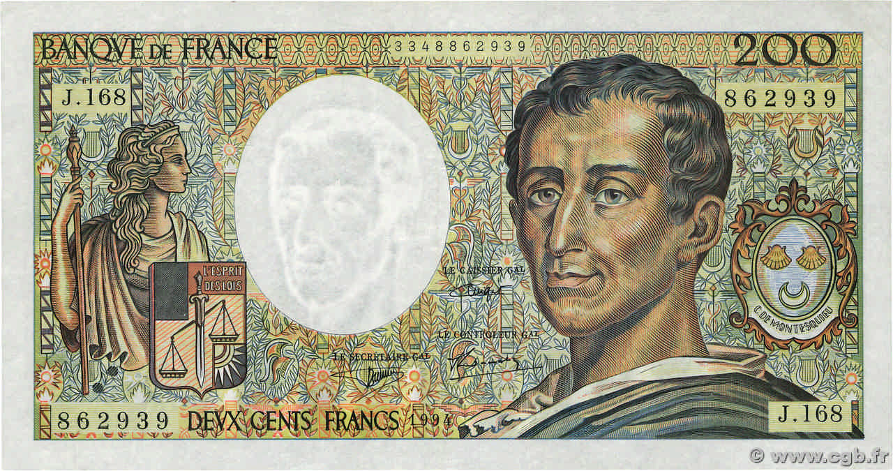 200 Francs MONTESQUIEU Modifié Grand numéro FRANCIA  1994 F.70/2.02 SPL