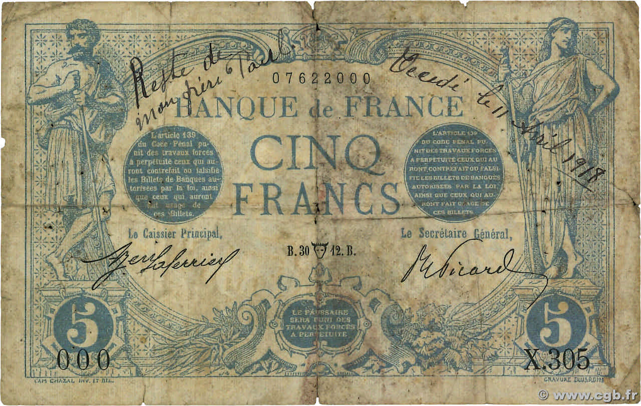 5 Francs BLEU Numéro spécial FRANCE  1912 F.02.04 G
