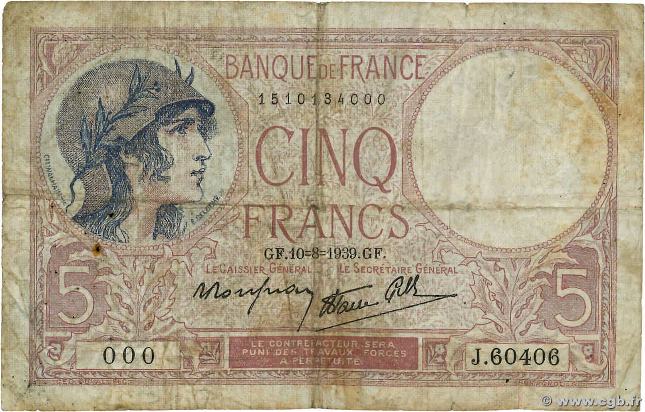 5 Francs FEMME CASQUÉE modifié Numéro spécial FRANCE  1939 F.04.05 B