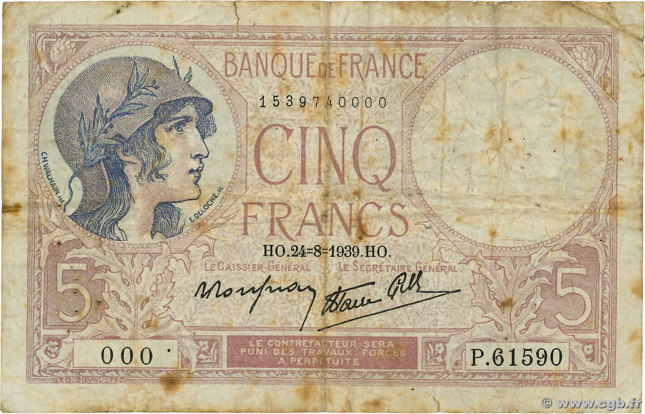 5 Francs FEMME CASQUÉE modifié Numéro spécial FRANKREICH  1939 F.04.07 SGE