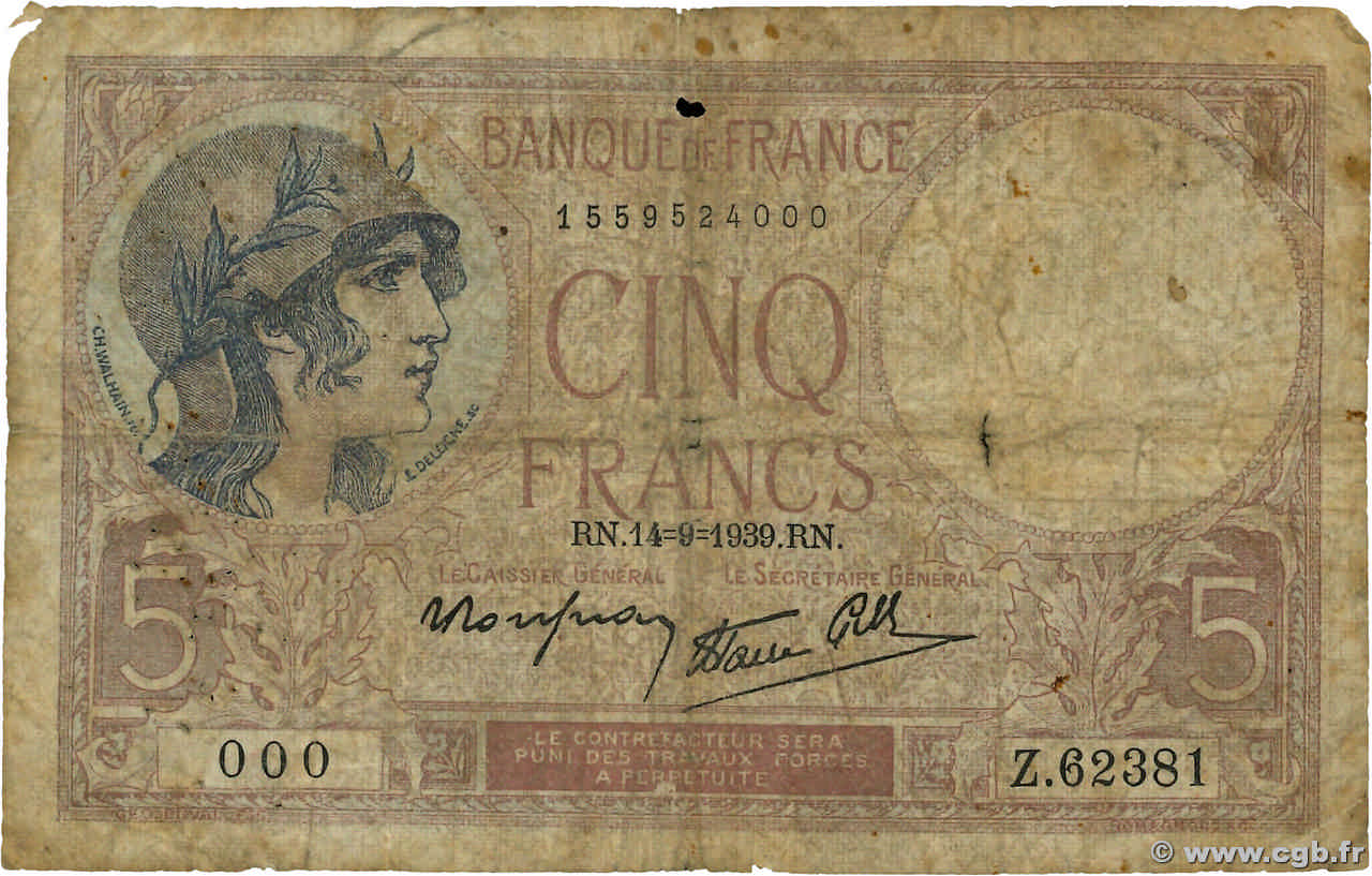 5 Francs FEMME CASQUÉE modifié Numéro spécial FRANCE  1939 F.04.08 P