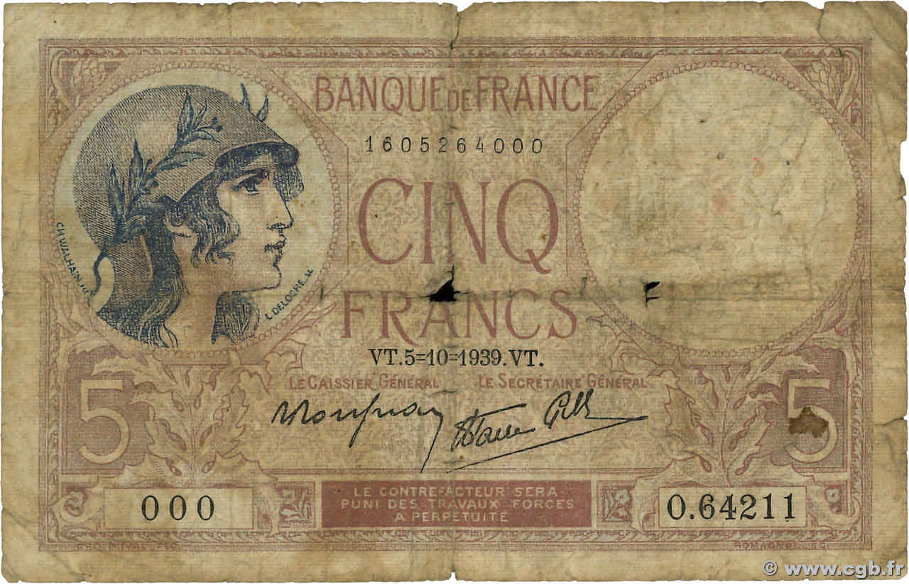 5 Francs FEMME CASQUÉE modifié Numéro spécial FRANCE  1939 F.04.11 AB