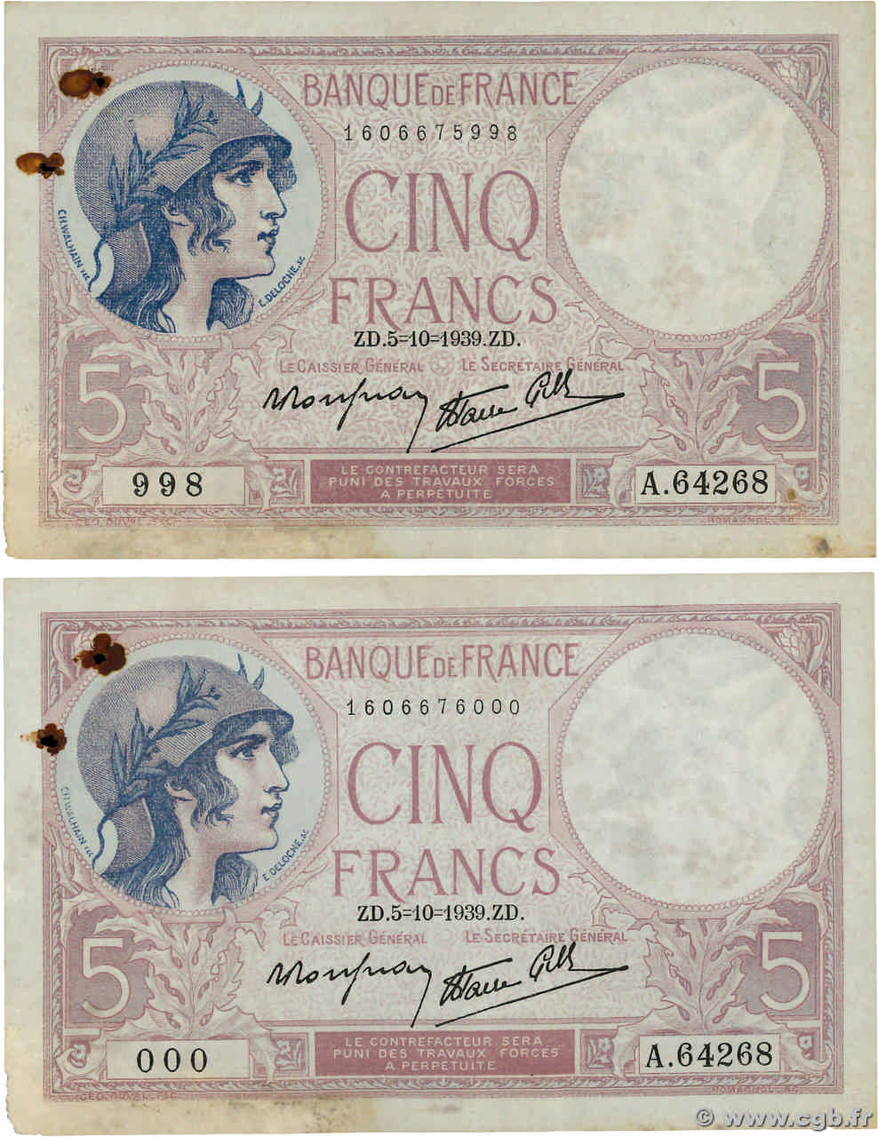 5 Francs FEMME CASQUÉE modifié Numéro spécial FRANKREICH  1939 F.04.11 fS