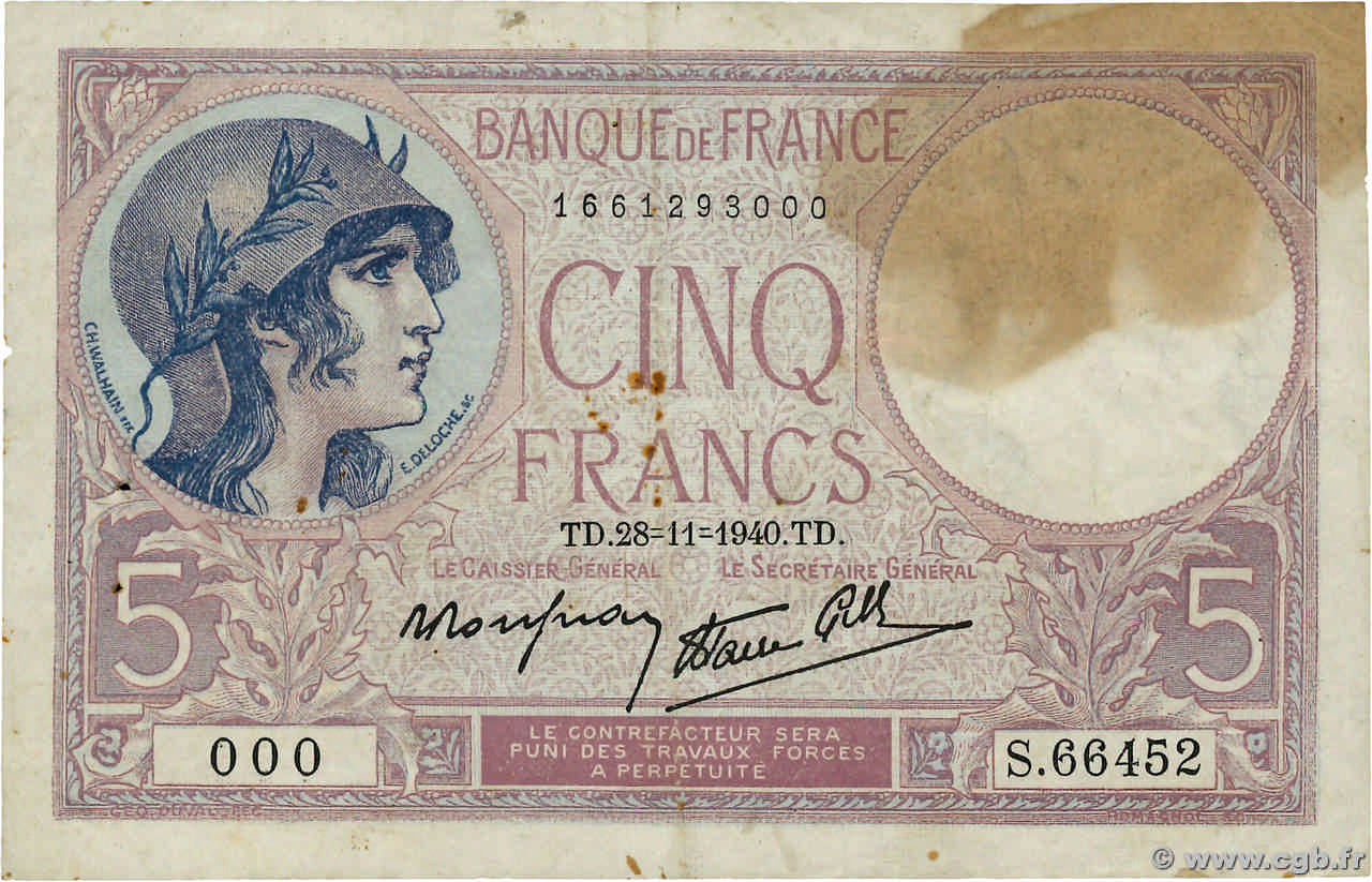 5 Francs FEMME CASQUÉE modifié Numéro spécial FRANKREICH  1940 F.04.15 S