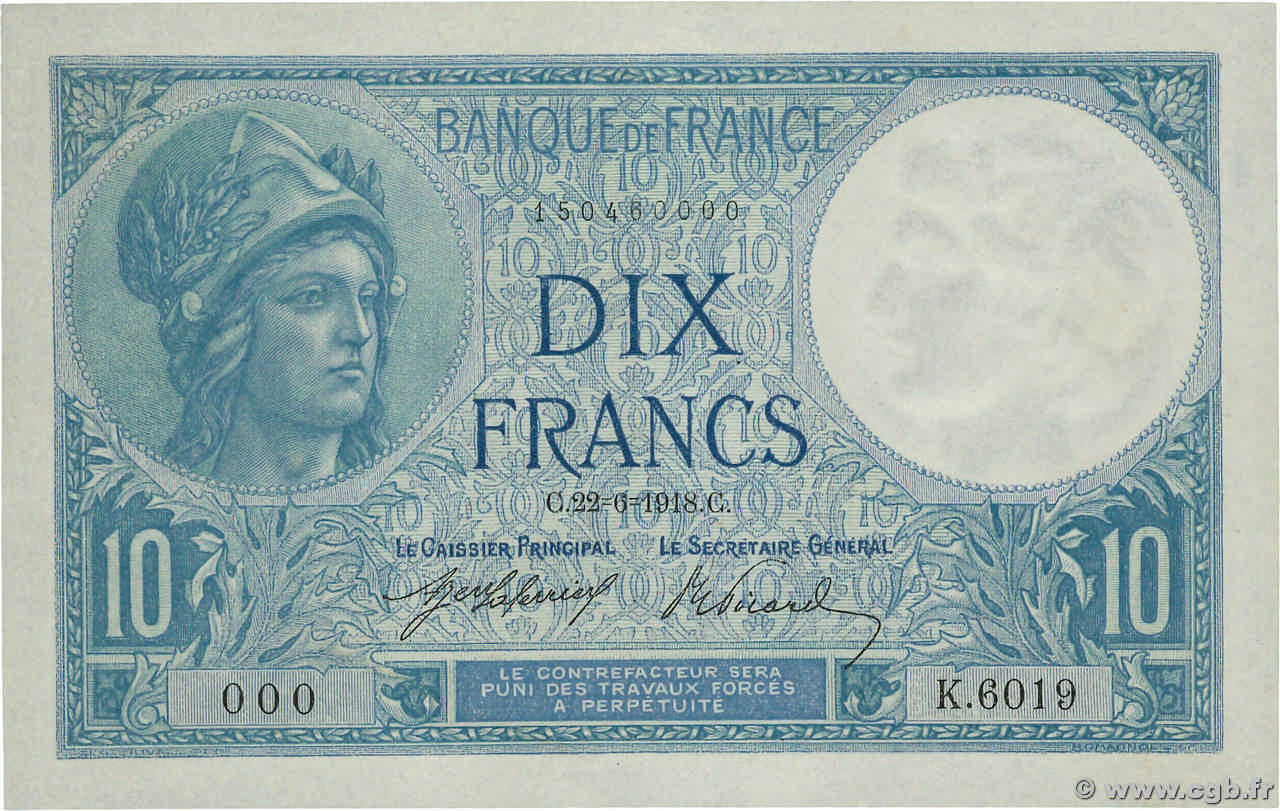 10 Francs MINERVE Numéro spécial FRANCE  1918 F.06.03 SUP+