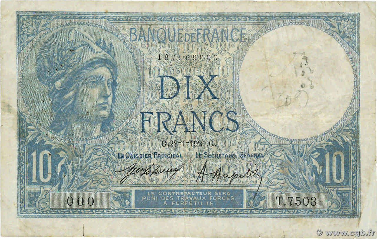 10 Francs MINERVE Numéro spécial FRANCE  1921 F.06.05 VG