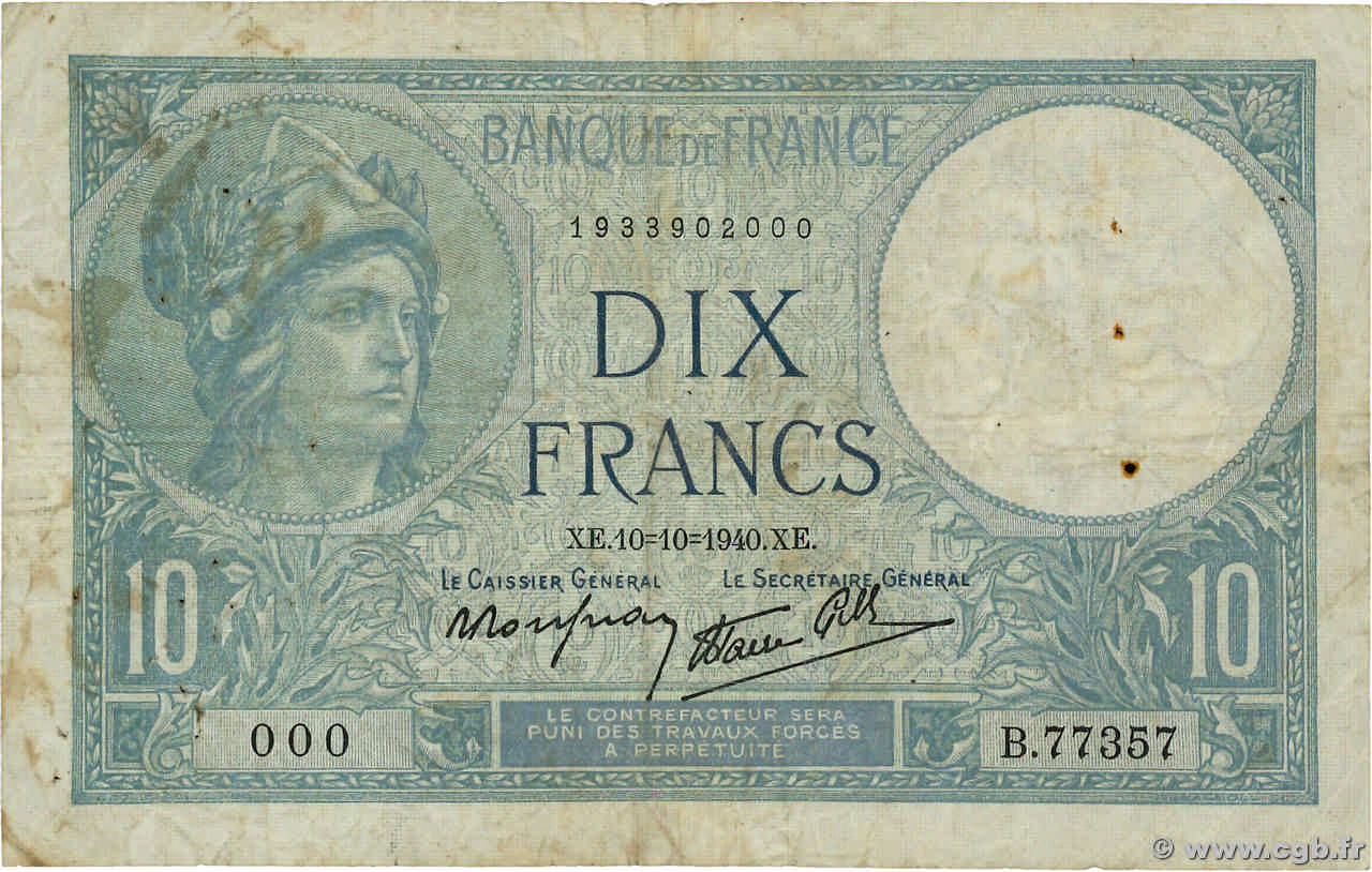 10 Francs MINERVE modifié Numéro spécial FRANCE  1940 F.07.16 F-