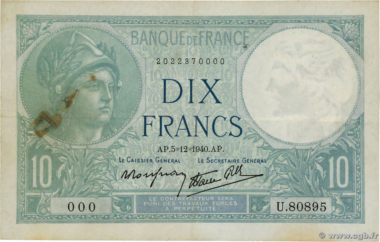 10 Francs MINERVE modifié Numéro spécial FRANCE  1940 F.07.23 F