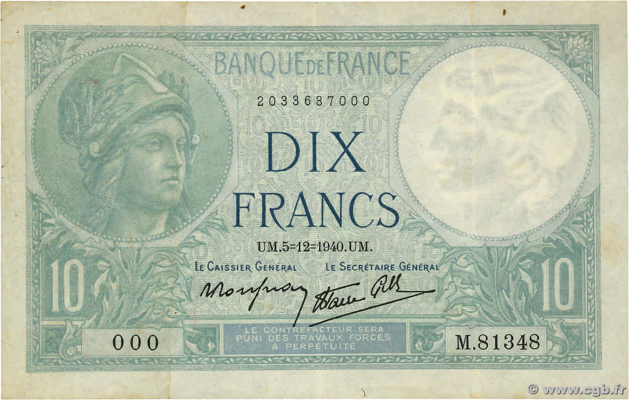 10 Francs MINERVE modifié Numéro spécial FRANCIA  1940 F.07.23 BC+