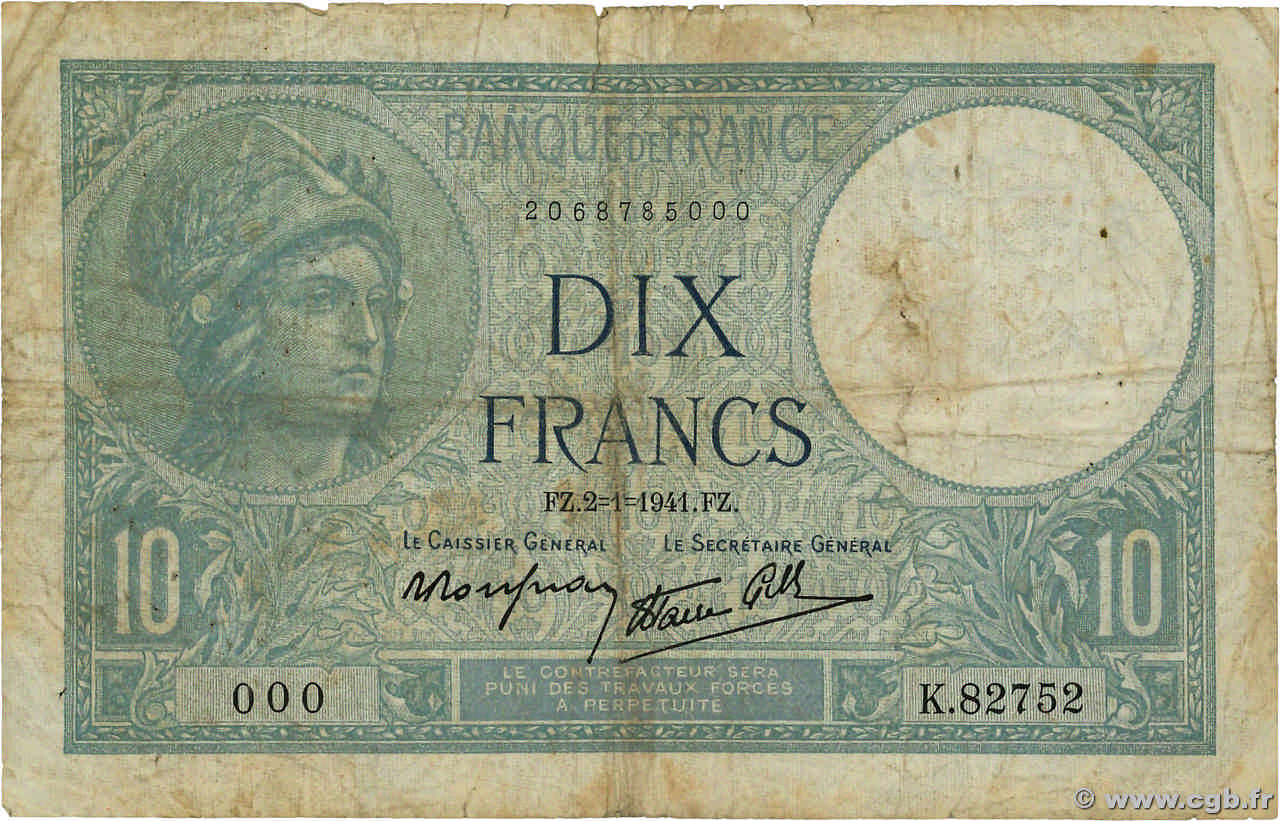 10 Francs MINERVE modifié Numéro spécial FRANKREICH  1941 F.07.26 SGE
