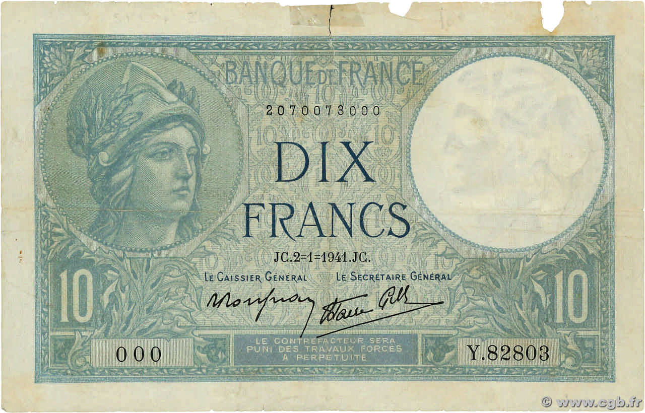 10 Francs MINERVE modifié Numéro spécial FRANCE  1941 F.07.26 B