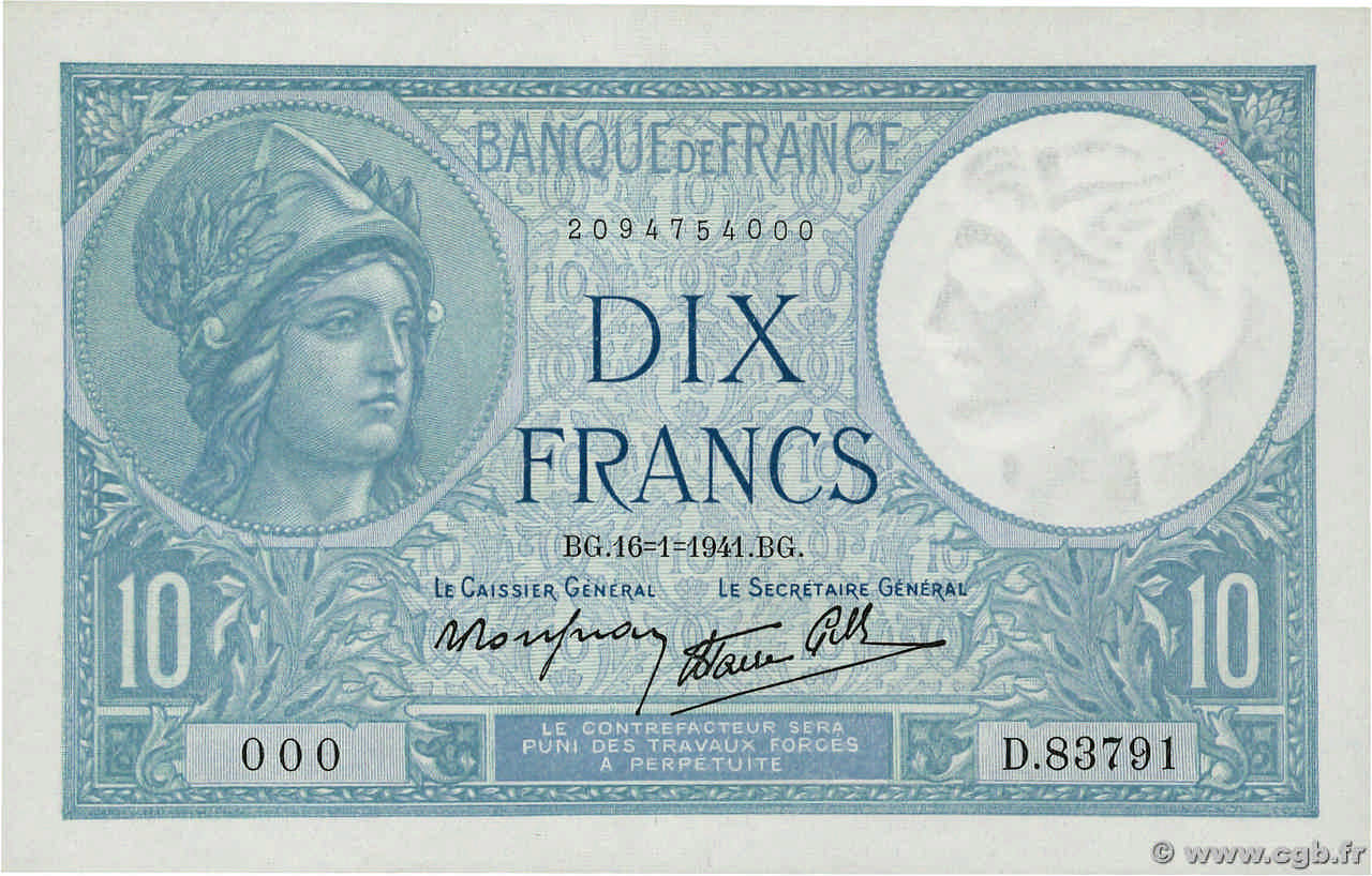 10 Francs MINERVE modifié Numéro spécial FRANCE  1941 F.07.28 AU+