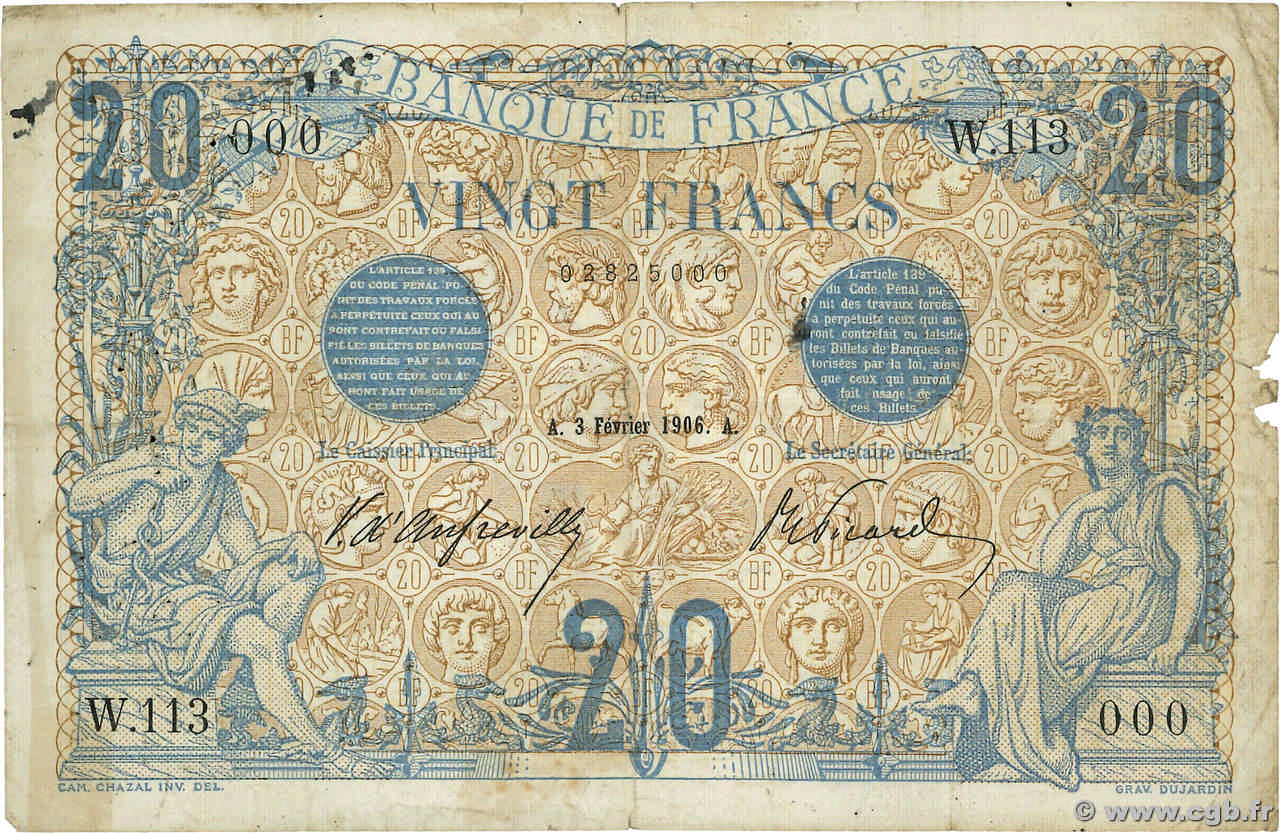 20 Francs BLEU Numéro spécial FRANCE  1906 F.10.01 VG