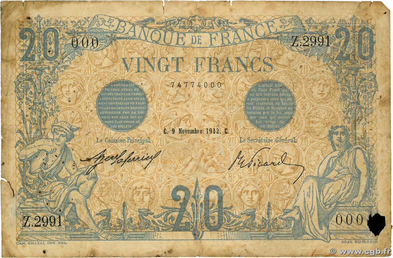 20 Francs BLEU Numéro spécial FRANCE  1912 F.10.02 G
