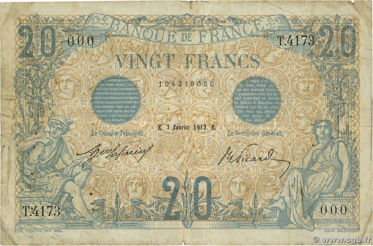20 Francs BLEU Numéro spécial FRANCE  1913 F.10.03 VG