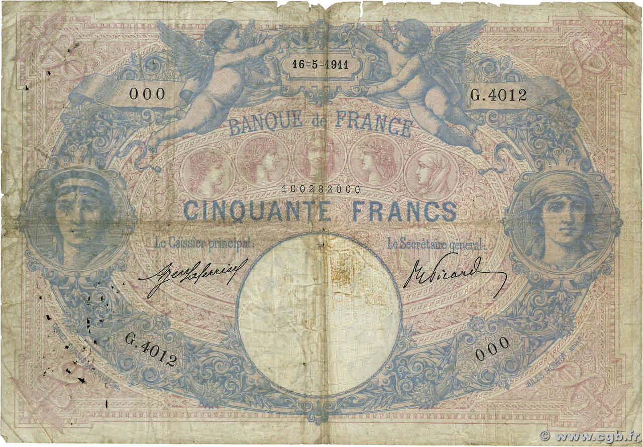 50 Francs BLEU ET ROSE Numéro spécial FRANKREICH  1911 F.14.24a SGE