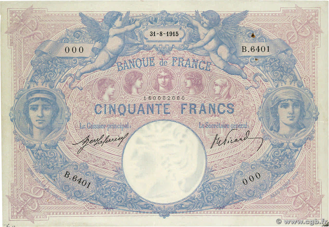 50 Francs BLEU ET ROSE Numéro spécial FRANCE  1915 F.14.28 TTB+