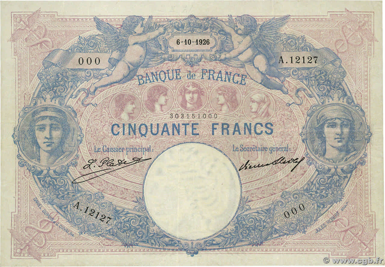 50 Francs BLEU ET ROSE Numéro spécial FRANCIA  1926 F.14.39 q.SPL