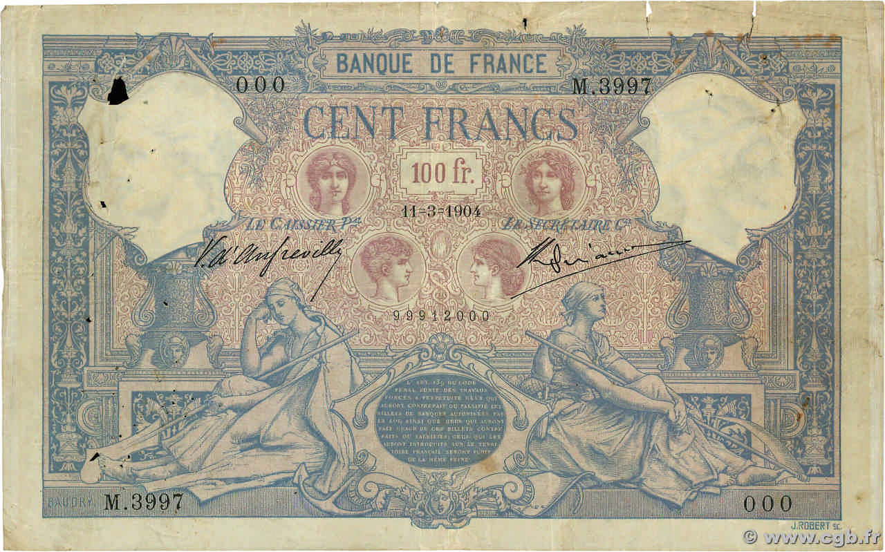 100 Francs BLEU ET ROSE Numéro spécial FRANCIA  1904 F.21.18 q.MB