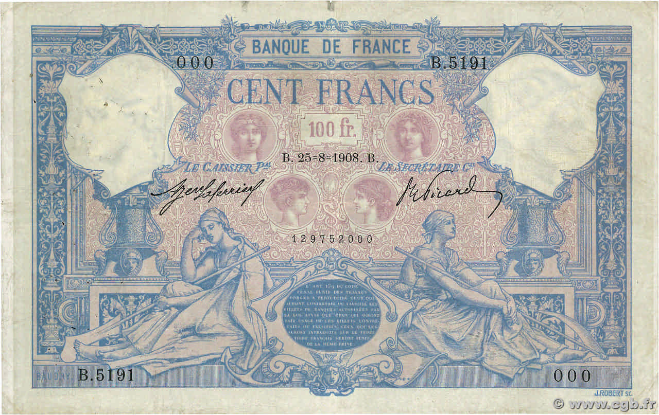 100 Francs BLEU ET ROSE Numéro spécial FRANCE  1908 F.21.23 F