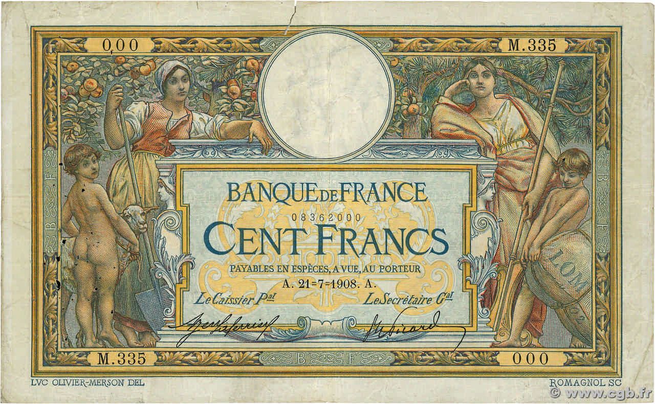 100 Francs LUC OLIVIER MERSON avec LOM Numéro spécial FRANCE  1908 F.22.01 F-