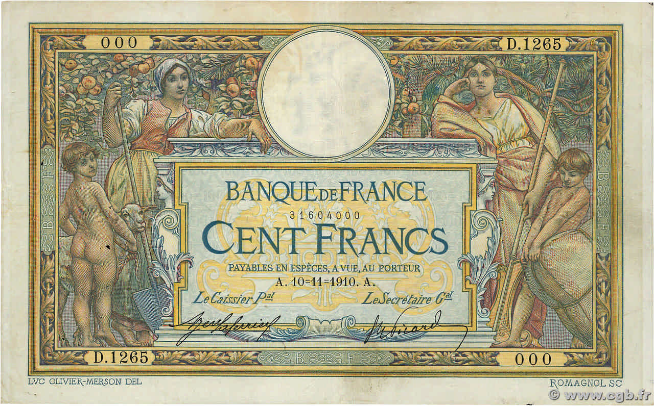 100 Francs LUC OLIVIER MERSON sans LOM Numéro spécial FRANKREICH  1910 F.23.02 fSS