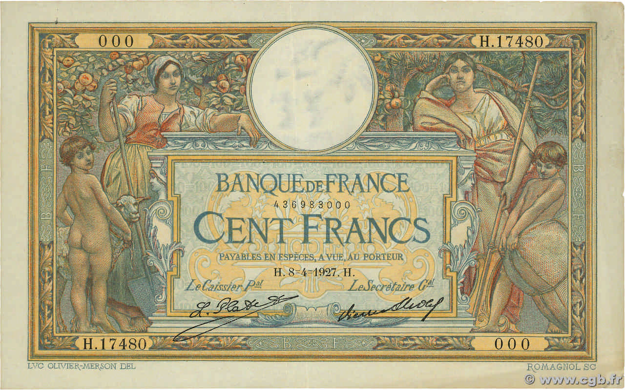 100 Francs LUC OLIVIER MERSON grands cartouches Numéro spécial FRANCE  1927 F.24.06 VF+