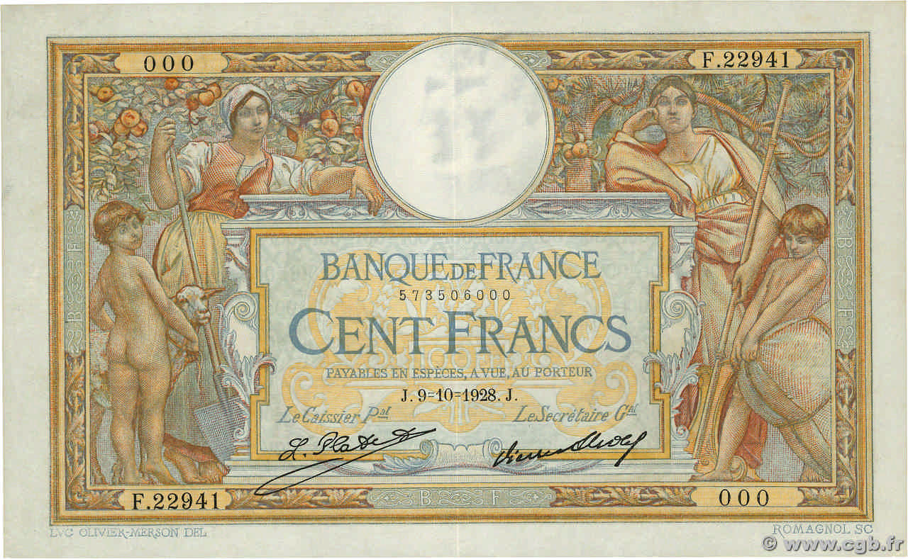 100 Francs LUC OLIVIER MERSON grands cartouches Numéro spécial FRANCIA  1928 F.24.07 EBC+